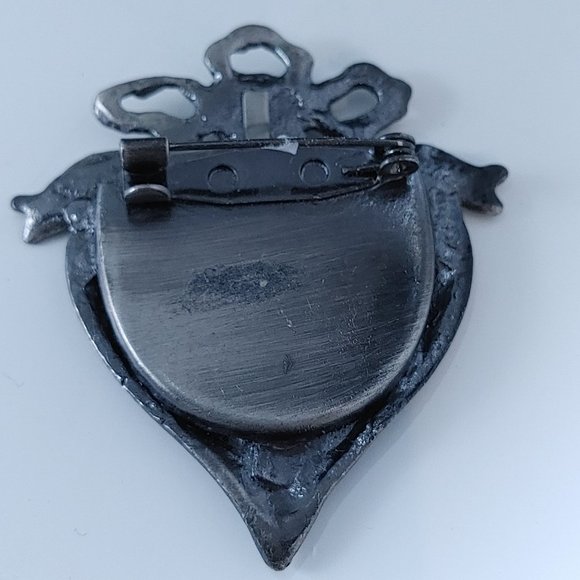 Vtg Victorian Style Heart and Roses Brooch Pewter Gray - Picture 4 of 5